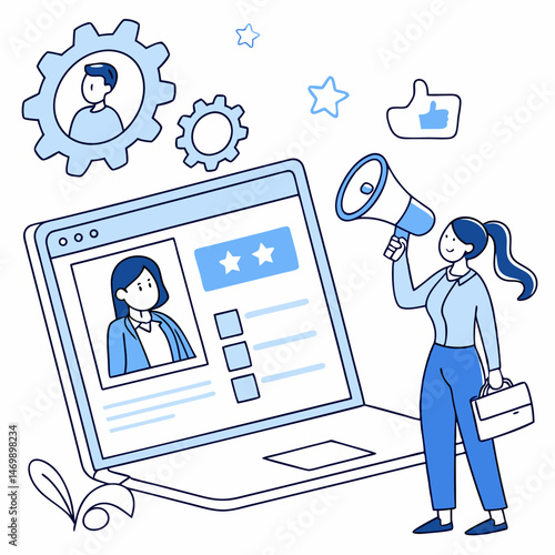 Online recruitment process concept with businesswoman using laptop and megaphone