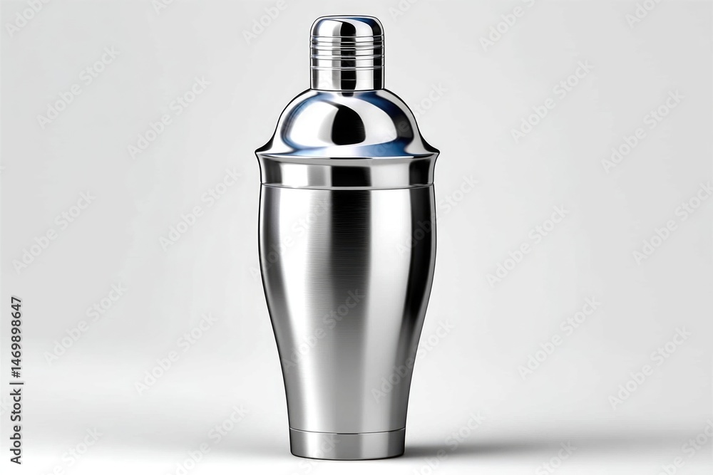 Stainless steel cocktail shaker standing upright with shiny surface on white background Stainless steel cocktail shaker standing upright with shiny surface on white background