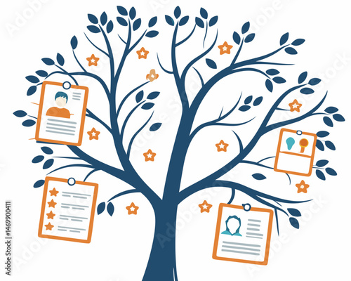 Human resources tree with employee profiles and achievement stars concept on white