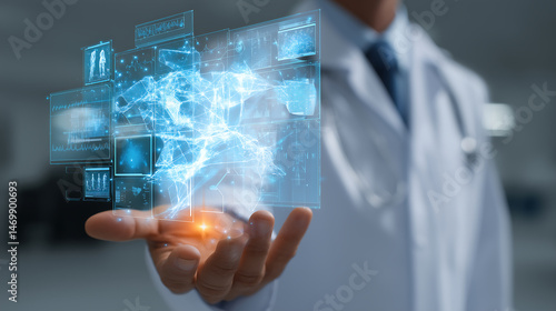Doctor is presenting holographic medical chart, showcasing advanced technology healthcare. floating visuals represent data analysis and patient information, emphasizing innovation and precision