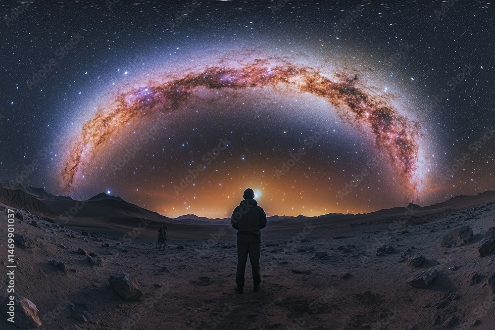 Starry Silhouette on Rocky Desert - Glowing Milky Way Arc with Pink-Purple Cosmic Haze for Outdoor Branding/Sci-Fi Educational Content Starry Silhouette on Rocky Desert - Glowing Milky Way Arc with Pink-Purple Cosmic Haze for Outdoor Branding/Sci-Fi Educational Content