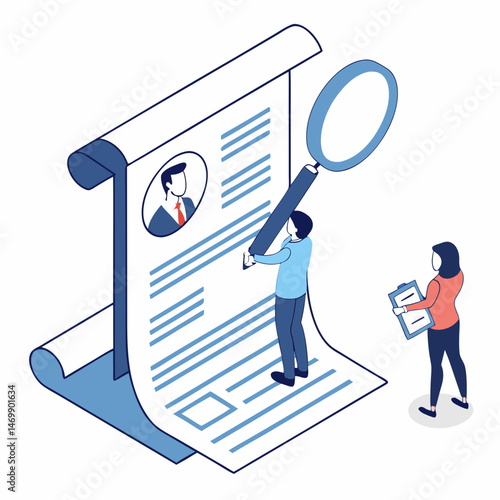 Human resources team reviewing resume during hiring process with magnifying glass
