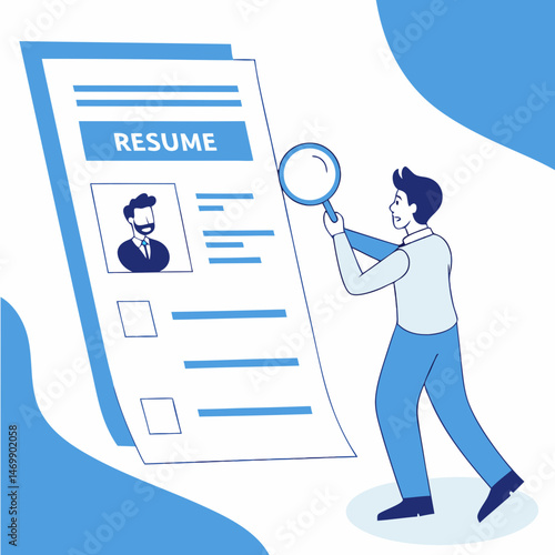 Applicant reviews resume with magnifying glass conceptual recruitment illustration