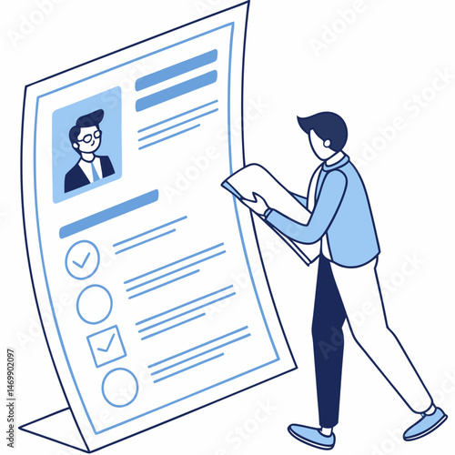 Applicant reviewing curriculum vitae during the hiring process in vector illustration