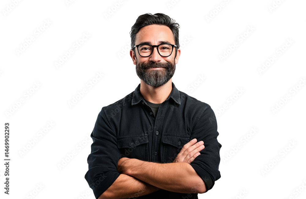 Fototapeta premium Casual man smiling with arms crossed and wearing glasses, isolated on white background
