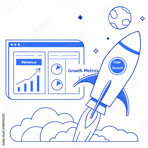 Rocket taking off with business growth metrics and user acquisition illustration
