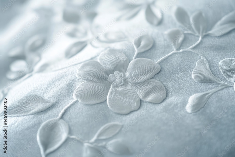 Obraz premium Delicate embroidered floral pattern on light blue fabric, showcasing elegant stitchwork and soft texture.