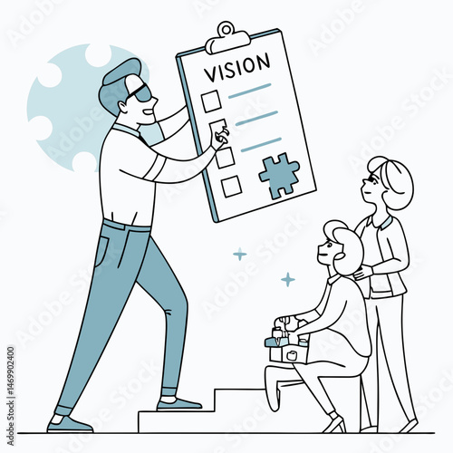 A business leader presents a vision with teammates in a modern flat illustration.