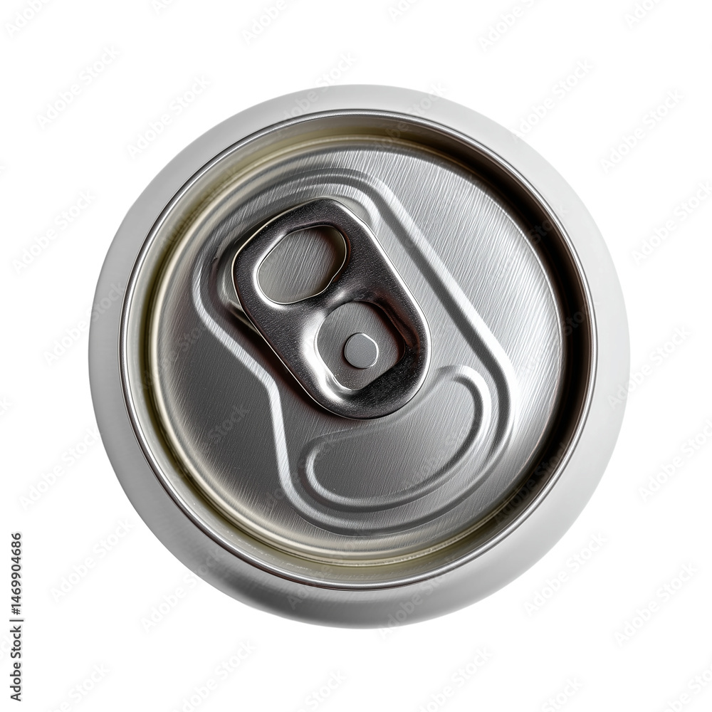 Refreshing metallic beverage can captured from above showcasing its sleek design and pull tab Refreshing metallic beverage can captured from above showcasing its sleek design and pull tab