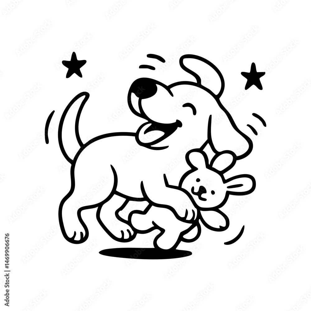 Obraz premium A cheerful dog gripping one end of a rope toy, tugging with determination and a big grin, minimal sketch style, clean and expressive.