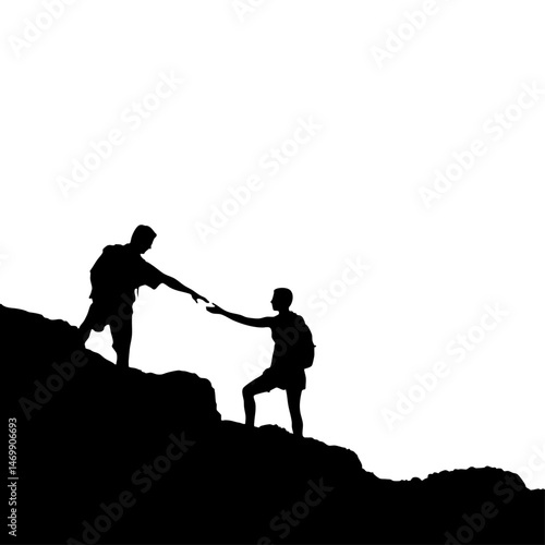 Two Hikers Helping Each Other on Mountain Cliff Silhouette