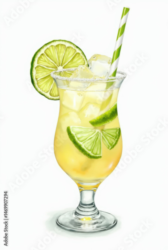 Tommy’s Margarita cocktail with lime and ice in watercolor style.