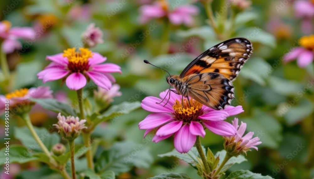 Intricate Butterfly Perched on Vibrant Pink Flower in a Lush Garden Setting During Summer Intricate Butterfly Perched on Vibrant Pink Flower in a Lush Garden Setting During Summer