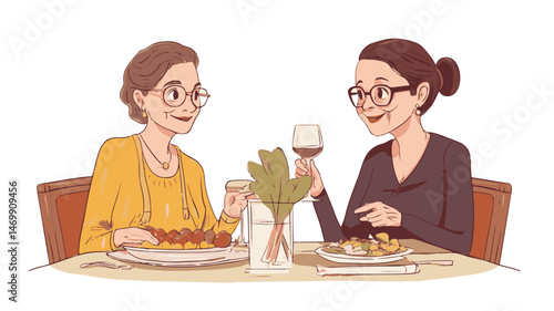 Two Women Enjoying Dinner Together With Red Wine In A Restaurant Illustration