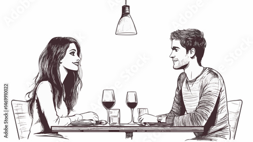 Romantic Dinner Illustration Of Young Couple Enjoying Wine In A Restaurant Sketch Style