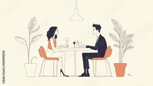 Elegant Couple At Dinner Minimalist Illustration Romantic Evening Fine Dining Restaurant Scene Stylish Date Night