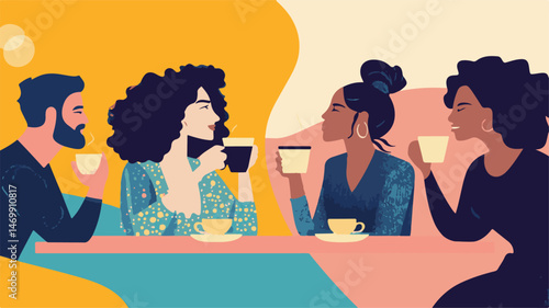 Diverse Friends Enjoying Coffee In Cafe Colorful Flat Illustration