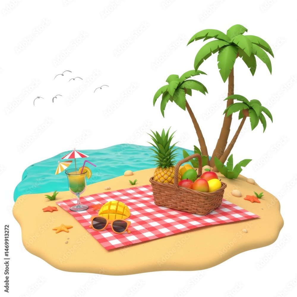 Obraz premium Tropical Beach Picnic with Fruit Basket and Cocktail