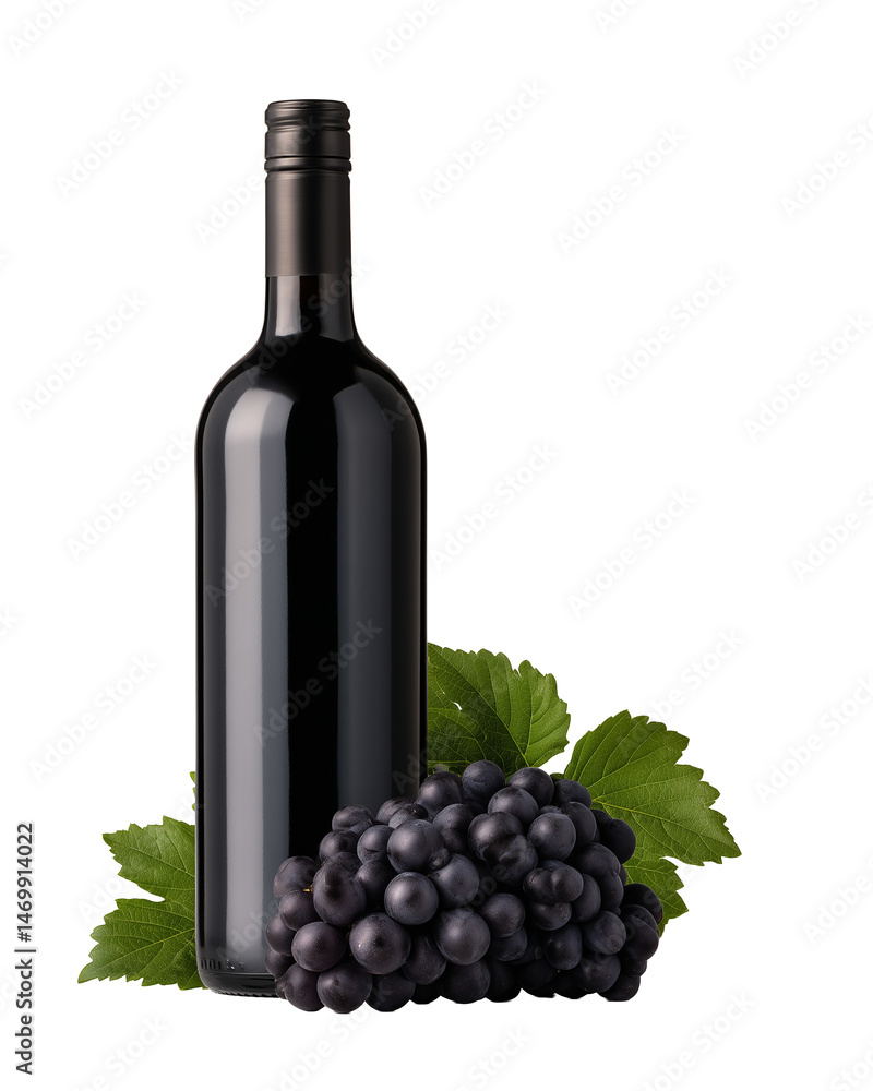 Obraz premium Elegant black wine bottle paired with fresh dark grapes and lush green leaves at a wine tasting event