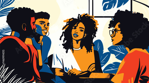 Bold Graphic Illustration Of Diverse Young Adults In Vibrant Conversation With Botanical Accents