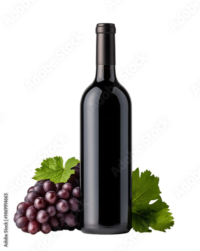 Rich red wine bottle beside fresh grapes and green leaves against a clean background evokes a sense of elegance and taste