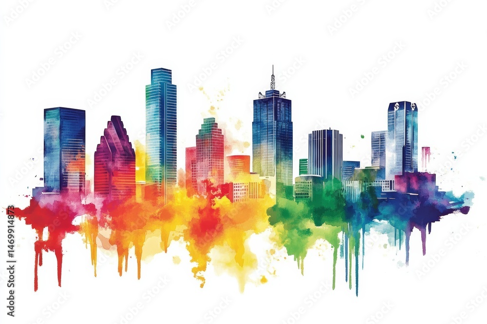 Fototapeta premium Vibrant watercolor cityscape skyline with colorful splashes