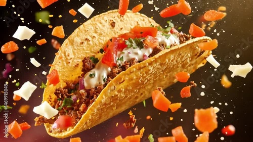 Flavor Explosion: A mouthwatering hard-shell taco bursts with delectable ingredients, perfectly captured in a dynamic, high-angle shot.