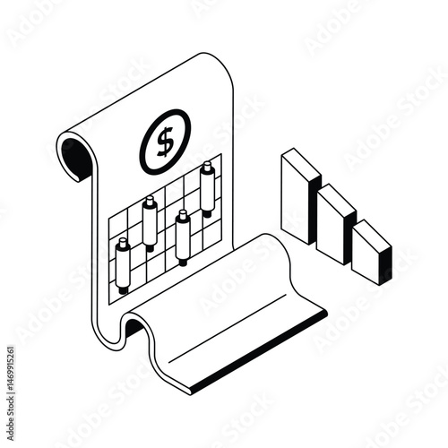 Ready to use isometric outline icon showing trading report