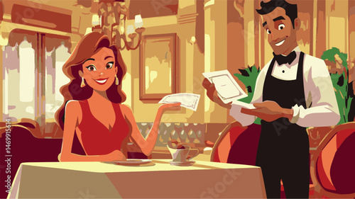 Elegant Woman Settling Restaurant Bill With Attentive Waiter In Sophisticated Dining Setting Illustration