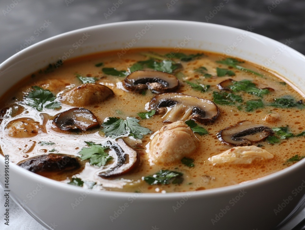 A flavorful mushroom and chicken soup with fresh cilantro is presented in a white bowl, showcasing the rich broth and appetizing ingredients beautifully displayed.
