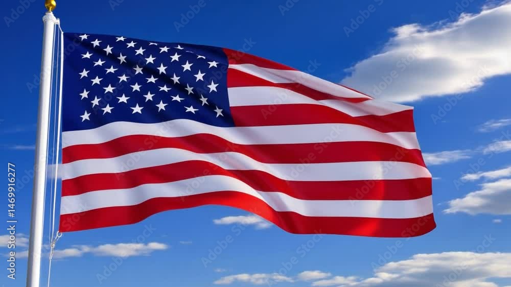 American Flag Waving Proudly: The American flag, a symbol of freedom and unity, is captured in a moment of graceful movement against a vibrant blue sky. American Flag Waving Proudly: The American flag, a symbol of freedom and unity, is captured in a moment of graceful movement against a vibrant blue sky.