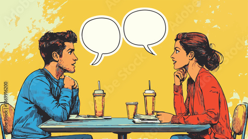 Man And Woman In Conversation At Cafe With Speech Bubbles Illustration