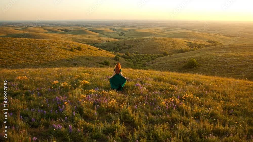 Woman gazing peacefully over a grassy hill at sunset  