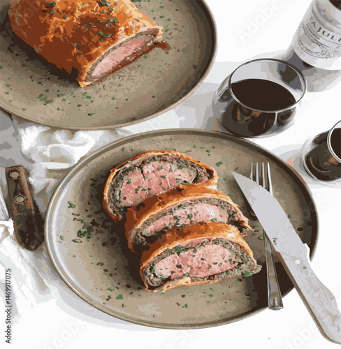 Beef Wellington vector illustration. Realistic gourmet dish with golden puff pastry and beef tenderloin. Perfect for restaurant menus, recipe books, and culinary design projects.