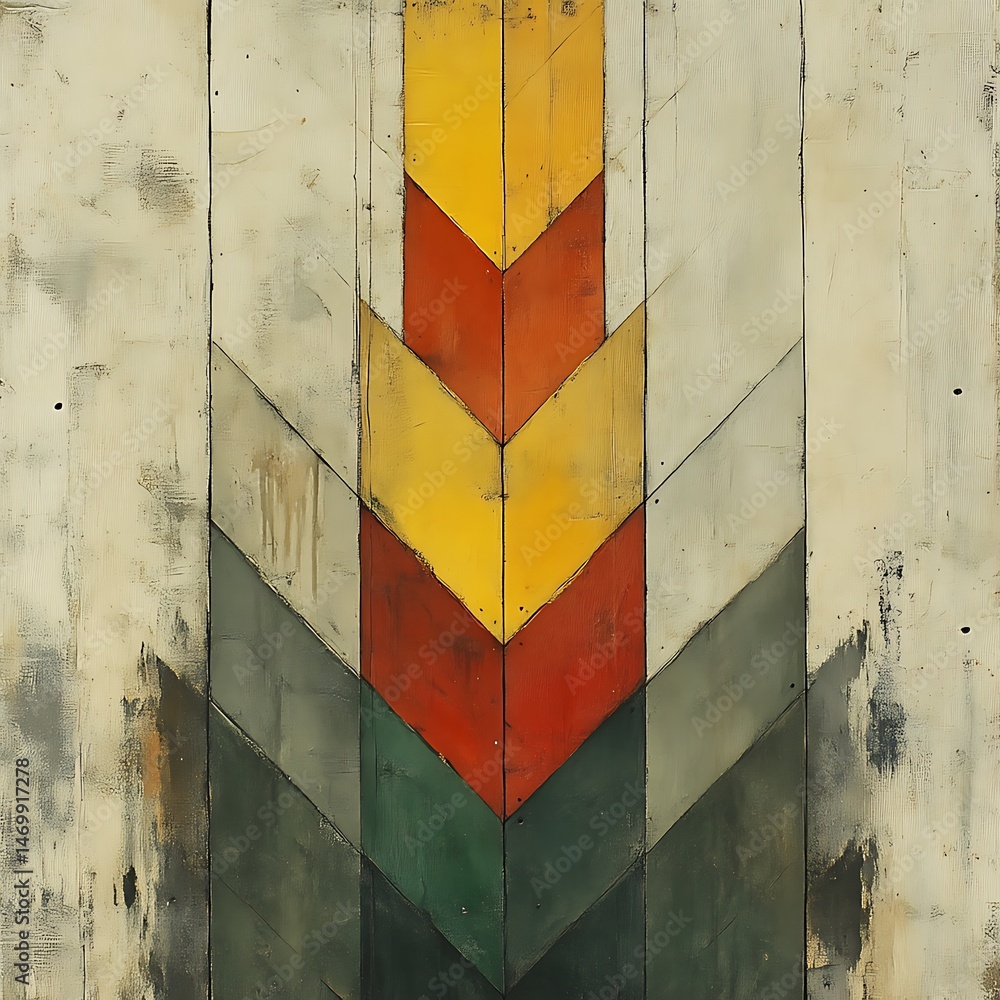 Naklejka premium Abstract chevron wood panel painting; muted earth tones, distressed texture