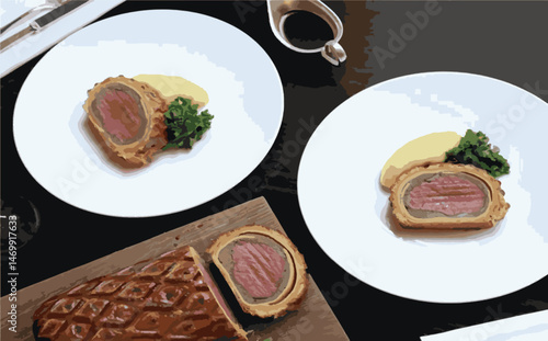 Beef Wellington vector illustration. Realistic gourmet dish with golden puff pastry and beef tenderloin. Perfect for restaurant menus, recipe books, and culinary design projects.