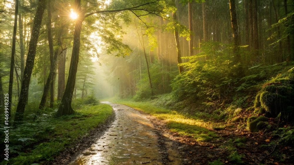 Naklejka premium Sunlight beaming through trees on a forest path after a rain shower in nature