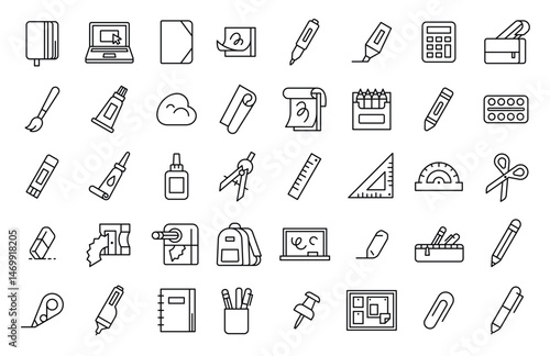 Stationery icons neatly arranged on white
