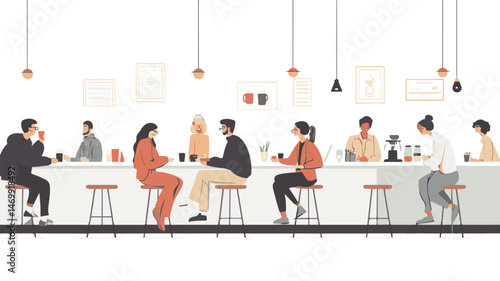 People Enjoying Coffee At A Modern Cafe Bar Counter Illustration