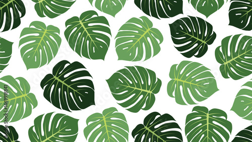 A vibrant seamless pattern showcasing lush green Monstera leaves in various shades,set against a white bg.Tropical leaf design, Ideal for fabric,packaging, wallpaper and summer-themed digital project