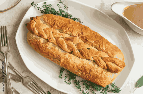 Beef Wellington vector illustration. Realistic gourmet dish with golden puff pastry and beef tenderloin. Perfect for restaurant menus, recipe books, and culinary design projects.