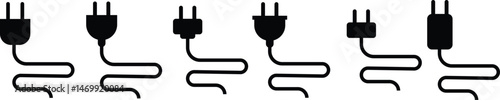 Electrical plug with lighting symbol and cable black vector icon set. Plug with wire cable ,energy , power, connection simple glyph pictogram symbol collection isolated on transparent background.