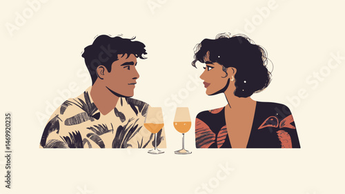 Stylish Couple Toasting With Wine Minimalist Illustration Romantic Evening Elegant Vector Design