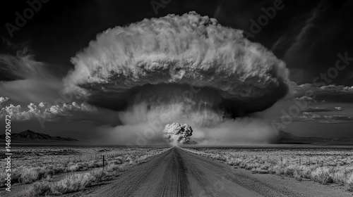 Dramatic nuclear explosion creates massive mushroom cloud in black and white over arid landscape