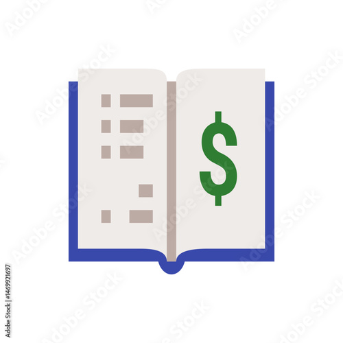Open book with a green dollar sign on the right page and text lines on the left page illustration