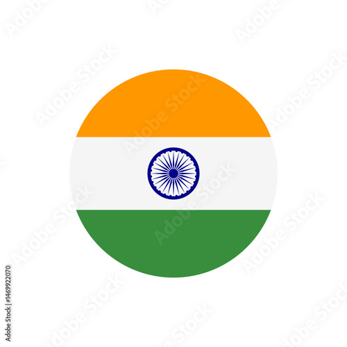 Illustration of the indian flag in a circular shape with saffron white and green bands and a navy wheel design