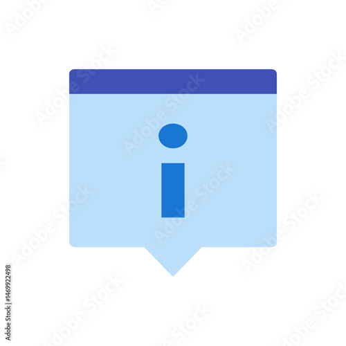 Blue information icon with a speech bubble shape and a dark blue top border and exclamation point design