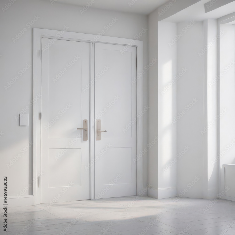 Clean white doors, various states, minimalist room, light, frame, background Clean white doors, various states, minimalist room, light, frame, background