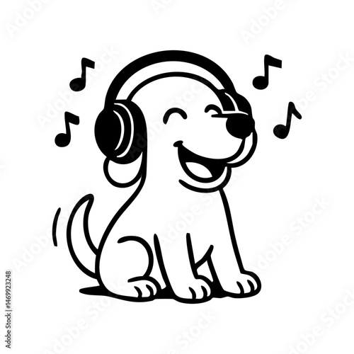 A dog with oversized headphones, eyes closed, and tail swaying to imaginary tunes.