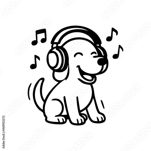 A dog with oversized headphones, eyes closed, and tail swaying to imaginary tunes.